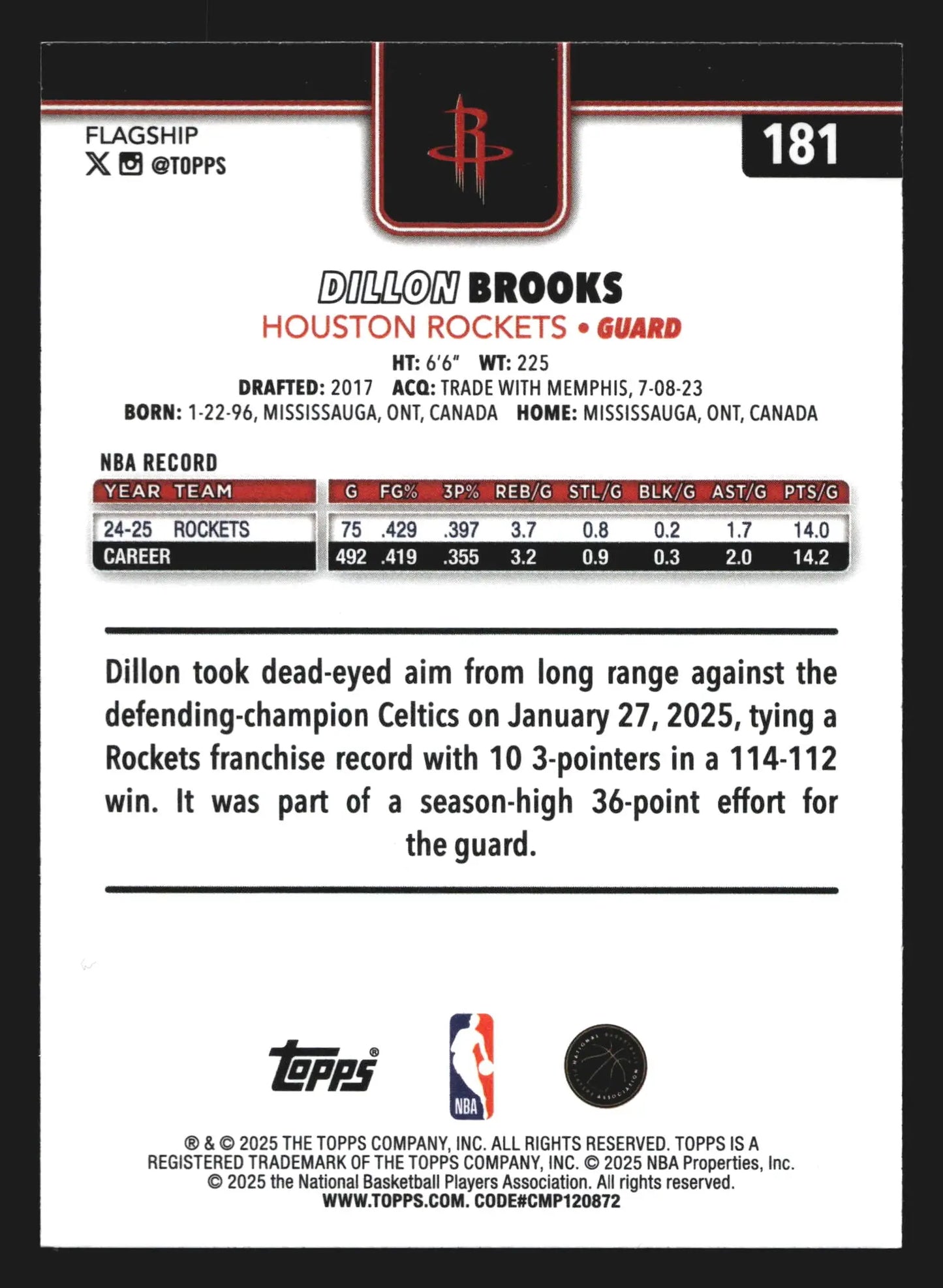 2025-26 Topps Dillon Brooks #181 Houston Rockets - Basketball Card Single