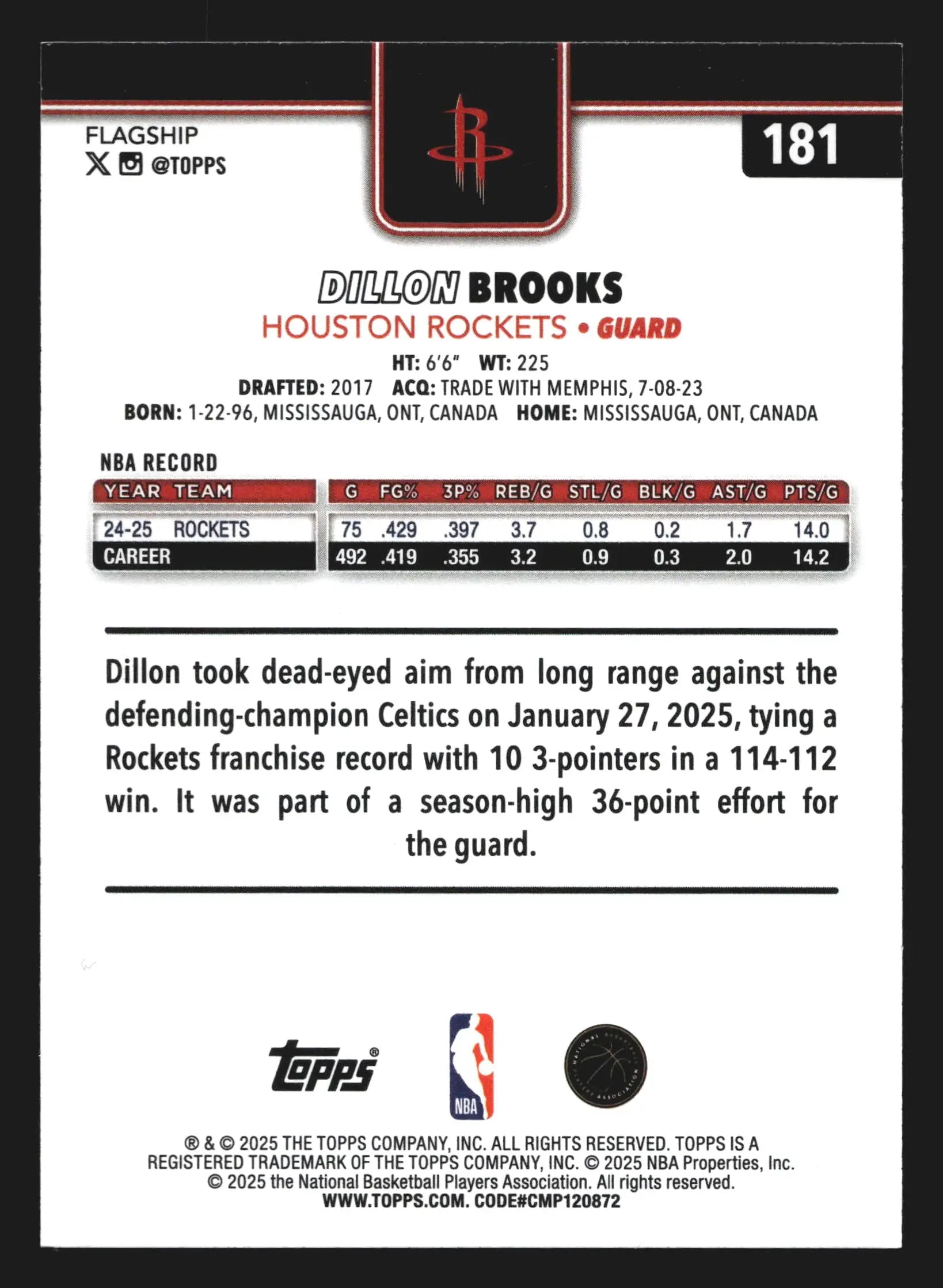 2025-26 Topps Dillon Brooks #181 Houston Rockets - Basketball Card Single