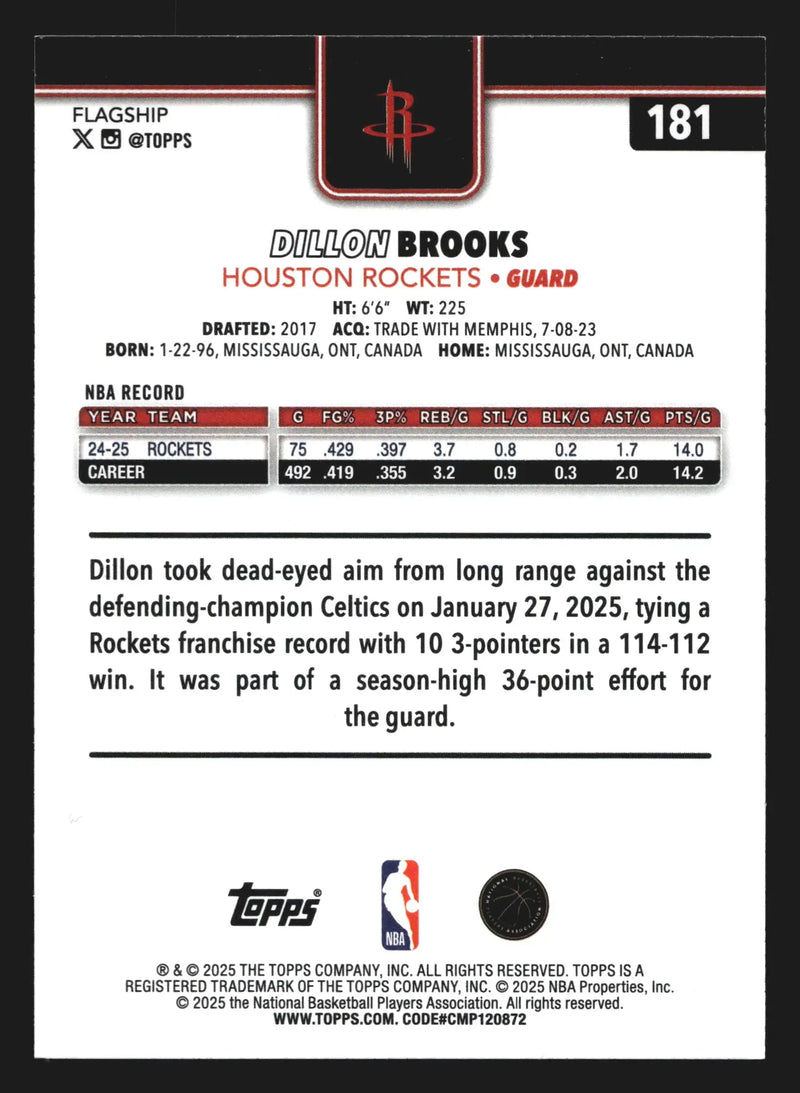 2025-26 Topps Dillon Brooks #181 Houston Rockets - Basketball Card Single