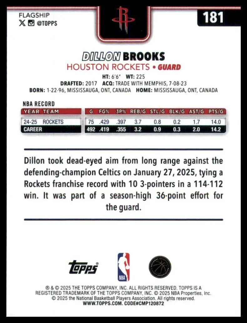 2025-26 Topps Dillon Brooks #181 Houston Rockets Basketball Card NBA Sports - Basketball Card Single