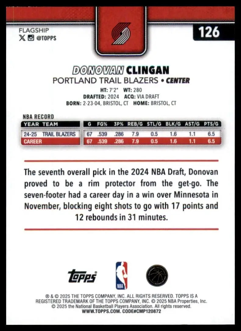 2025-26 Topps Donovan Clingan #126 Portland Trail Blazers Basketball Card NBA