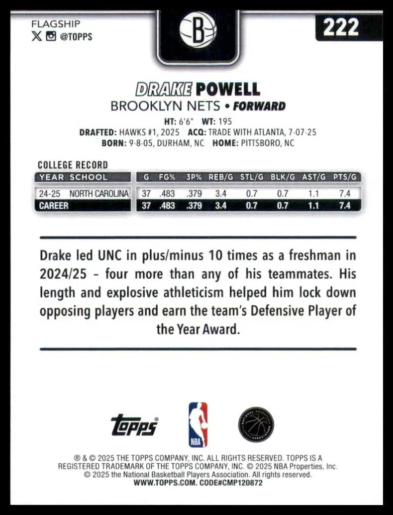 2025-26 Topps Drake Powell Rookie #222 Brooklyn Nets Basketball Card NBA Sports - Basketball Card Single