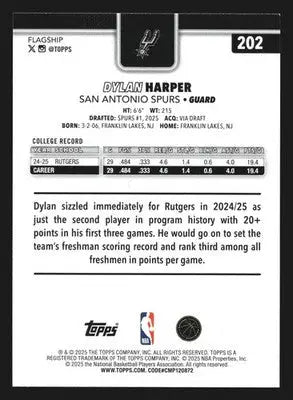 2025-26 Topps Dylan Harper #202 RC Rookie San Antonio Spurs - Basketball Card Single