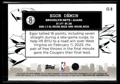 2025-26 Topps Egor Dëmin #CC-8 Clutch City Prospects Holo Foil Brooklyn Nets