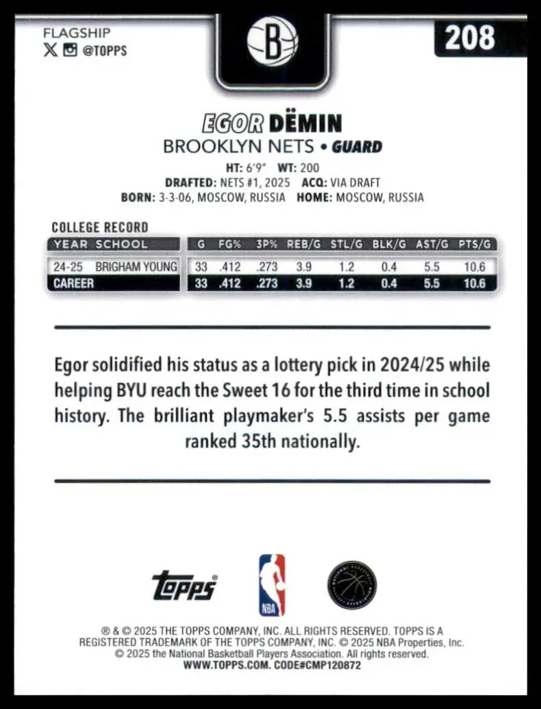 2025-26 Topps Egor Demin Rookie #208 Brooklyn Nets Basketball Card NBA Sports - Basketball Card Single