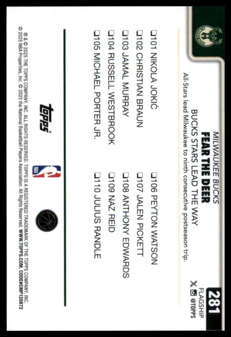 2025-26 Topps Fear The Deer #281 Milwaukee Bucks Basketball Card NBA Sports - Basketball Card Single