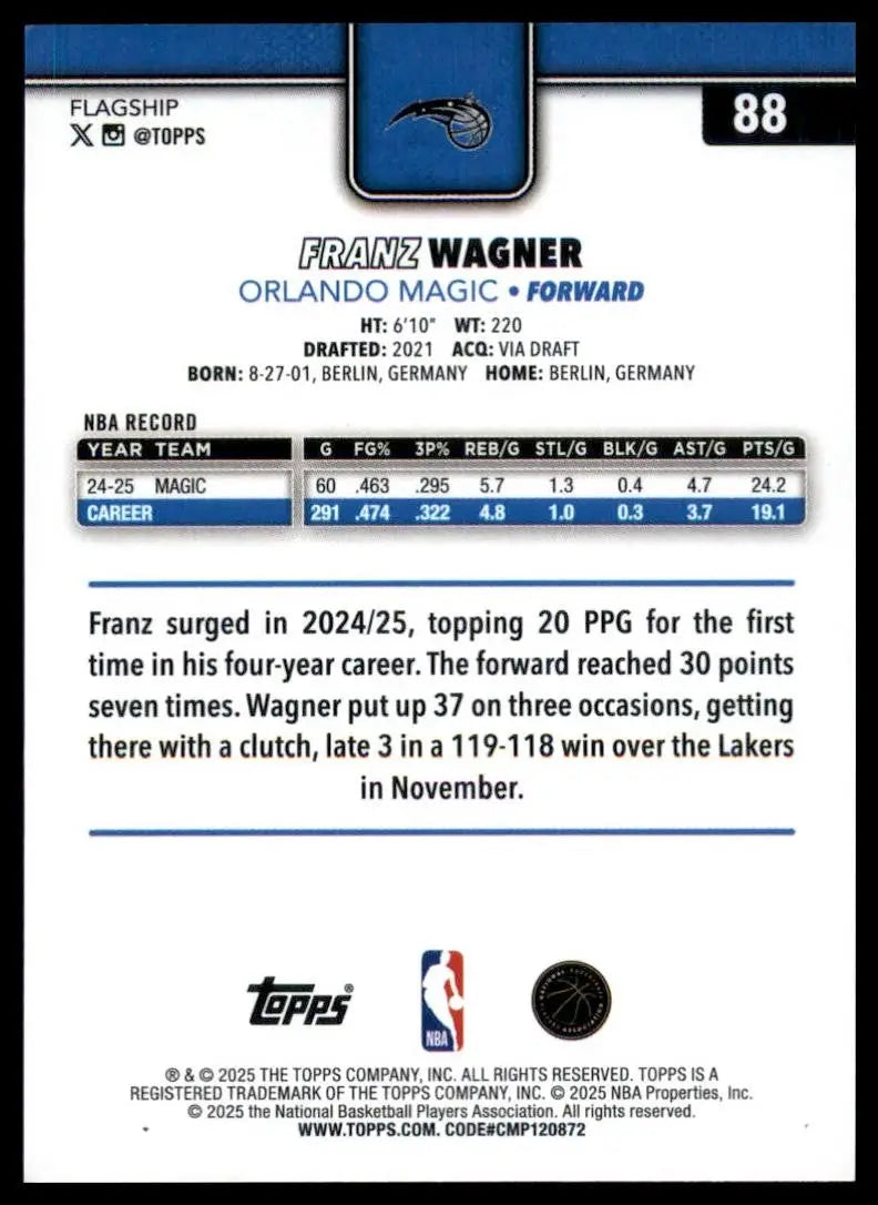 2025-26 Topps Franz Wagner #88 Orlando Magic Basketball Card NBA Sports - Basketball Card Single