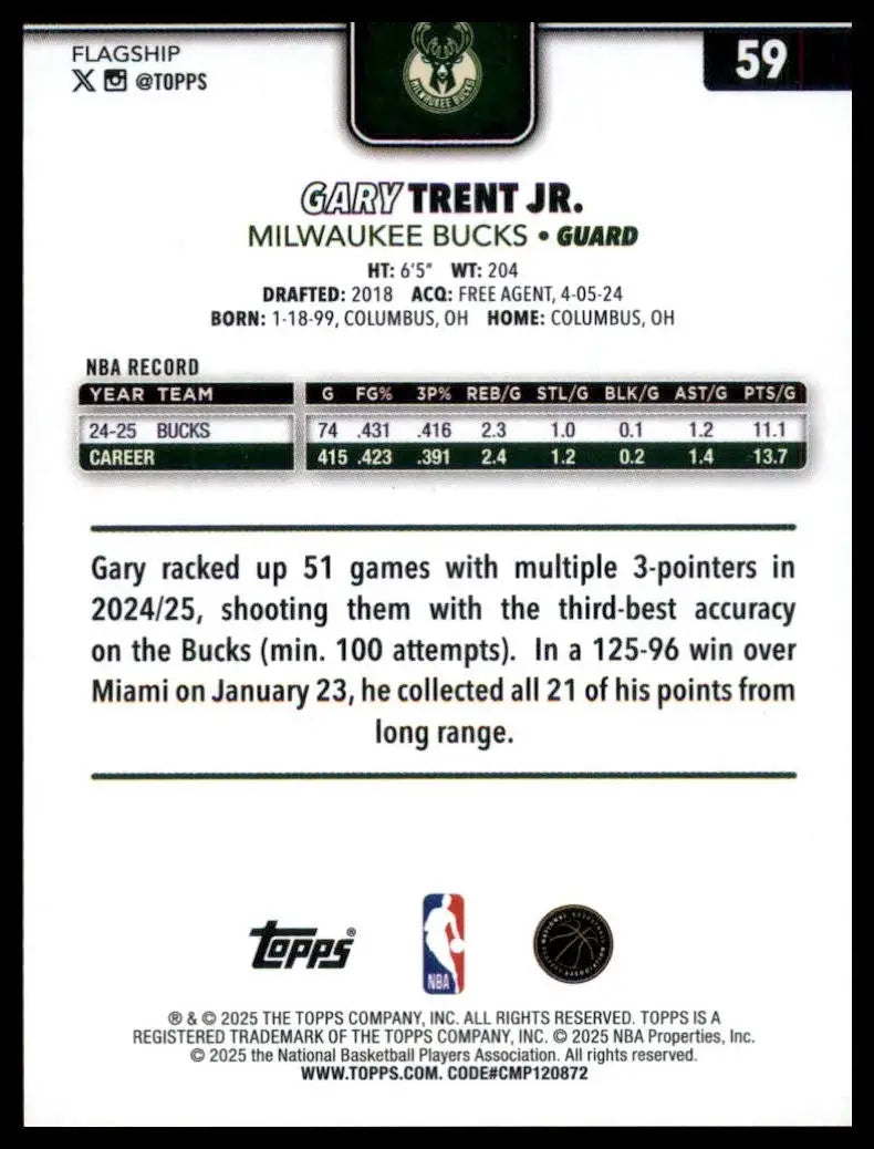 2025-26 Topps Gary Trent Jr #59 Milwaukee Bucks Basketball Card NBA Sports
