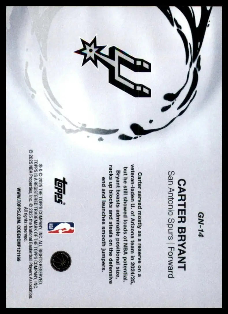 2025-26 Topps Generation Now Carter Bryant Rookie #GN-14 San Antonio Spurs Card