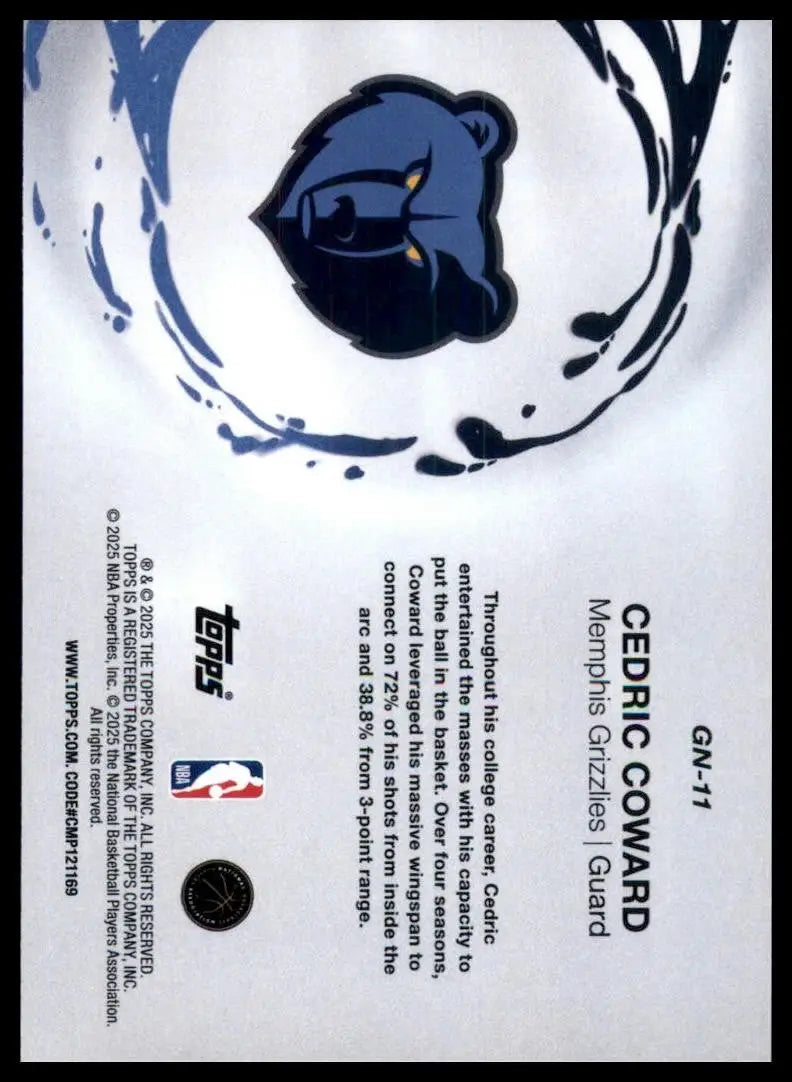 2025-26 Topps Generation Now Cedric Coward Rookie #GN-11 Memphis Grizzlies Card - Basketball Card Single