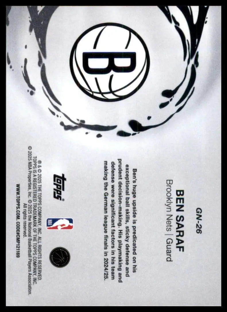 2025-26 Topps Generation Now Foil Ben Saraf Rookie #GN-26 Brooklyn Nets Card NBA - Basketball Card Single