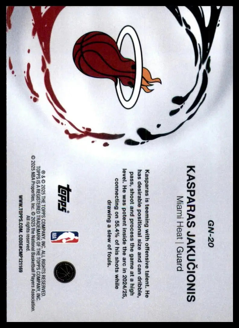 2025-26 Topps Generation Now Kasparas Jakucionis Rookie #GN-20 Miami Heat Card - Basketball Card Single