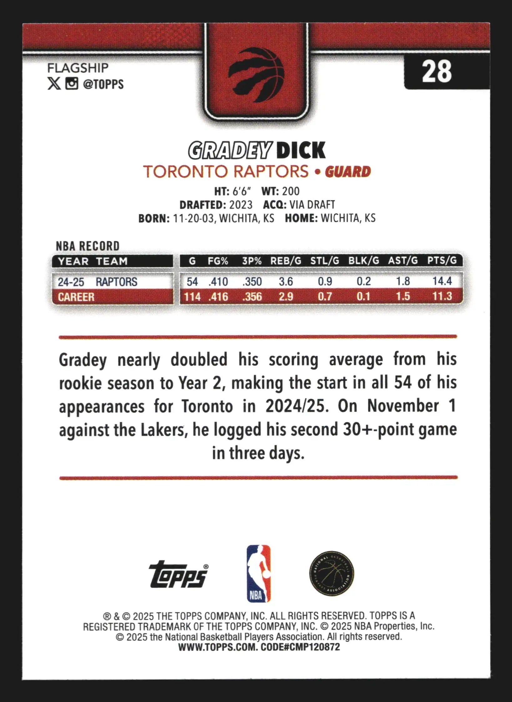 2025-26 Topps Gradey Dick #28 Toronto Raptors - Basketball Card Single