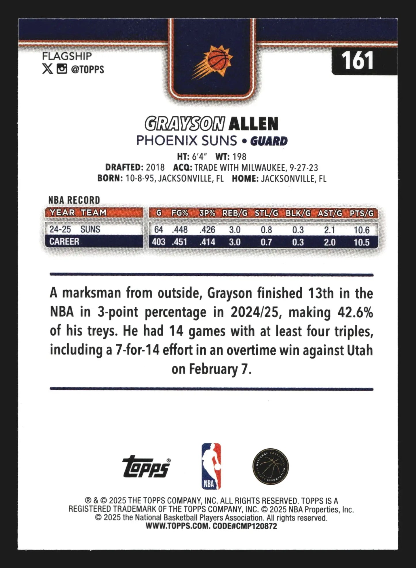 2025-26 Topps Grayson Allen #161 Phoenix Suns - Basketball Card Single