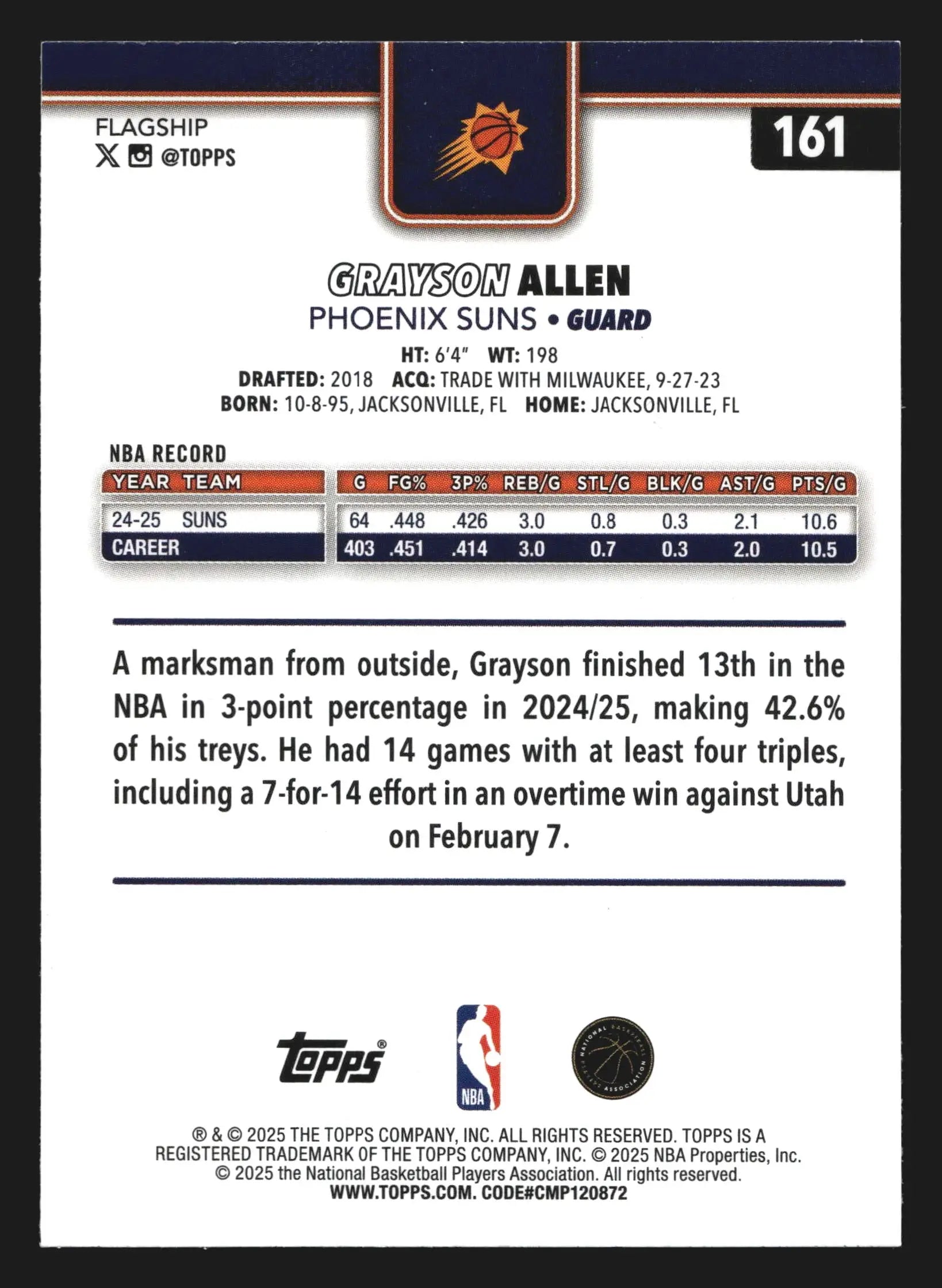 2025-26 Topps Grayson Allen #161 Phoenix Suns - Basketball Card Single