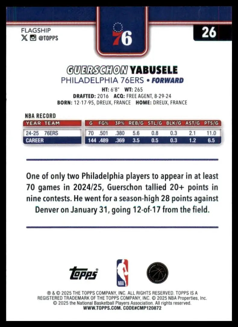 2025-26 Topps Guerschon Yabusele #26 Philadelphia 76ers Basketball Card NBA - Basketball Card Single