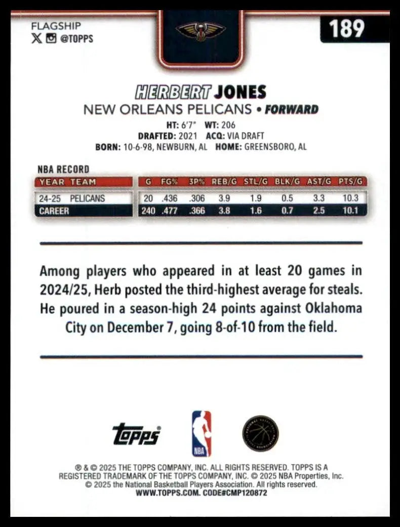 2025-26 Topps Herbert Jones #189 New Oreleans Pelicans Basketball Card NBA Sport - Basketball Card