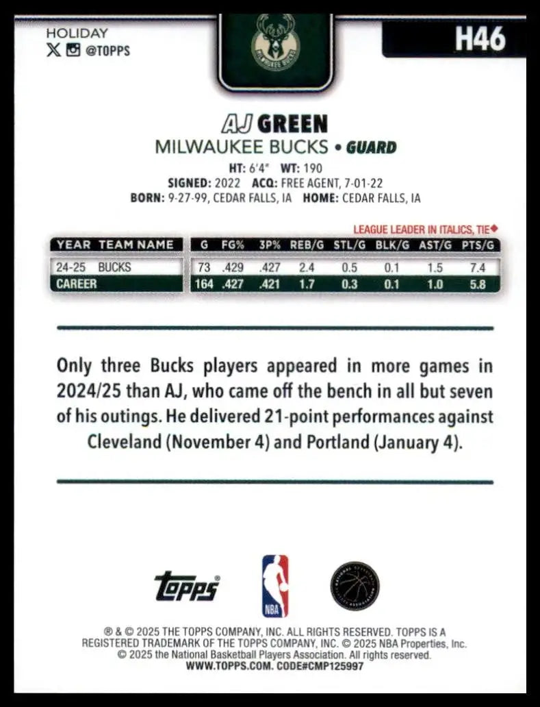 2025-26 Topps Holiday AJ Green #H46 Milwaukee Bucks Basketball Card NBA Sports - Basketball Card Single