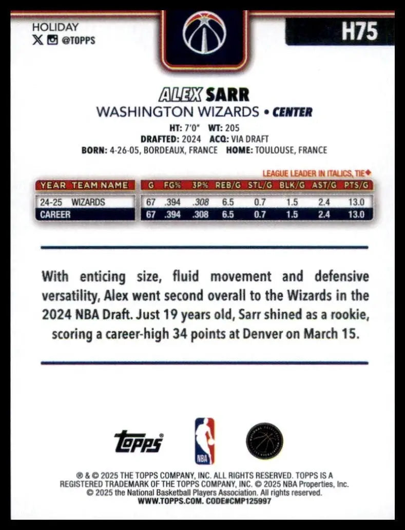 2025-26 Topps Holiday Alex Sarr #H75 Washington Wizards Basketball Card NBA - Basketball Card Single