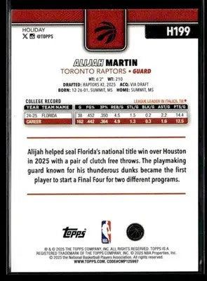 2025-26 Topps Holiday Alijah Martin #H199 RC Toronto Raptors - Basketball Card Single