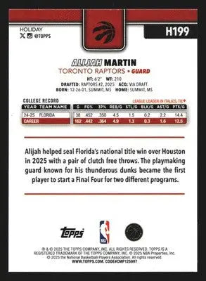 2025-26 Topps Holiday Alijah Martin #H199 RC Toronto Raptors Rookie - Basketball Card Single