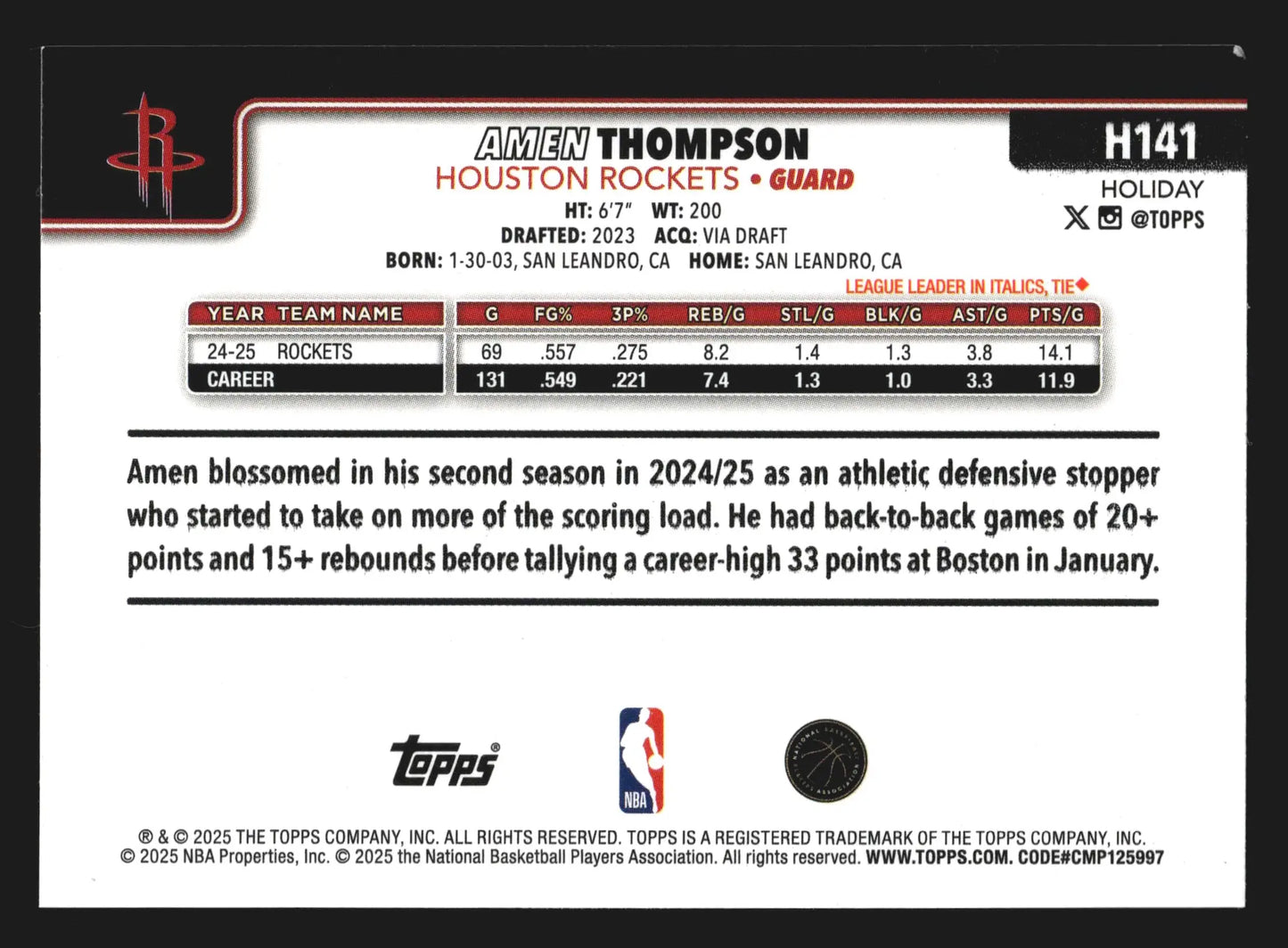 2025-26 Topps Holiday Amen Thompson #H141 Houston Rockets - Basketball Card Single