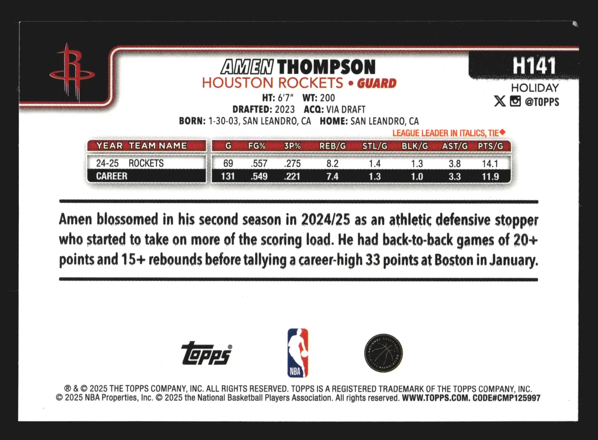 2025-26 Topps Holiday Amen Thompson #H141 Houston Rockets - Basketball Card Single
