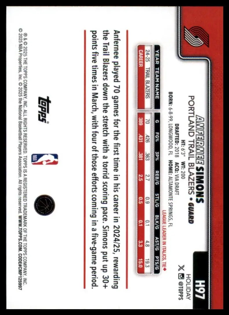 2025-26 Topps Holiday Anfernee Simons #H97 Portland Trail Blazers Basketball NBA - Basketball Card Single