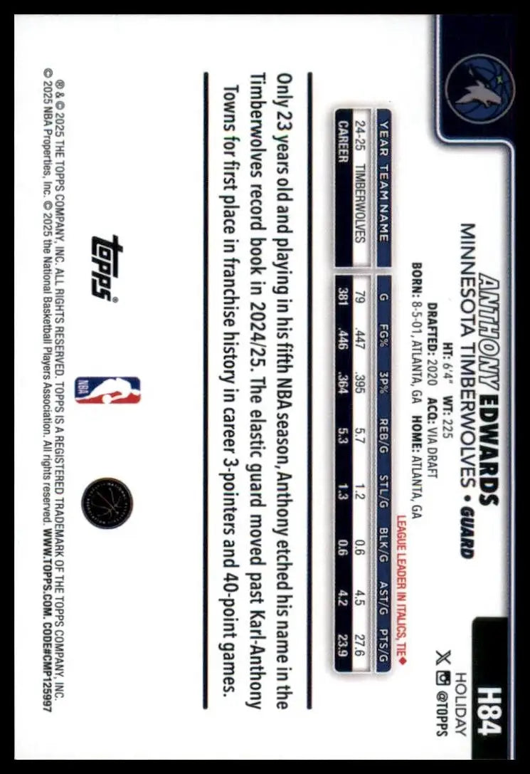 2025-26 Topps Holiday Anthony Edwards #H84 Minnesota Timberwolves Basketball NBA - Basketball Card Single
