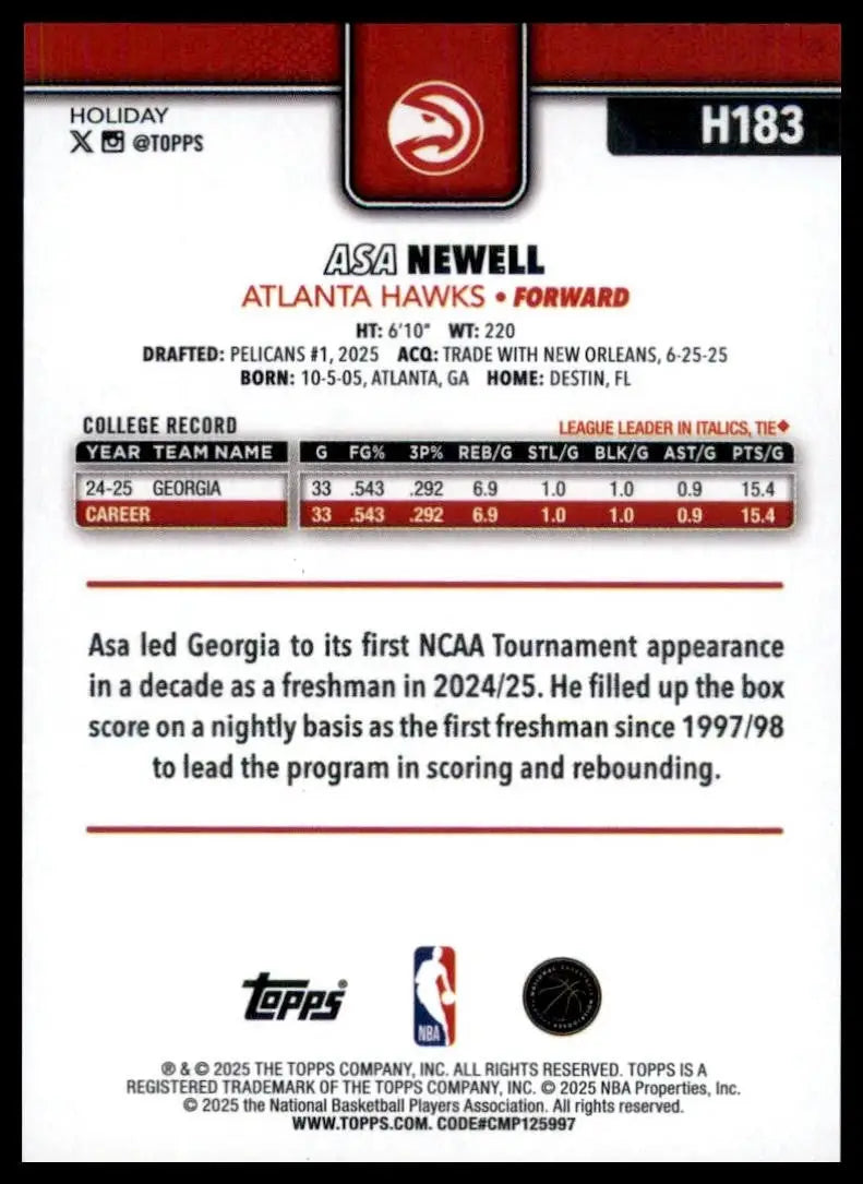 2025-26 Topps Holiday Asa Newell Rookie #H183 Atlanta Hawks Basketball Card NBA - Basketball Card Single