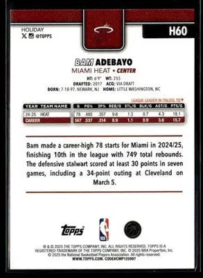 2025-26 Topps Holiday Bam Adebayo #H60 Base Miami Heat - Basketball Card Single