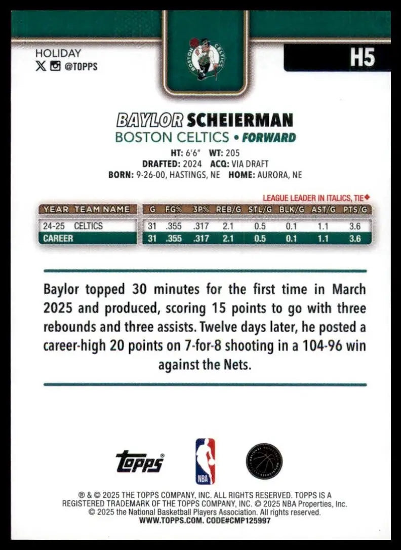 2025-26 Topps Holiday Baylor Scheierman #H5 Boston Celtics Basketball Card NBA - Basketball Card Single