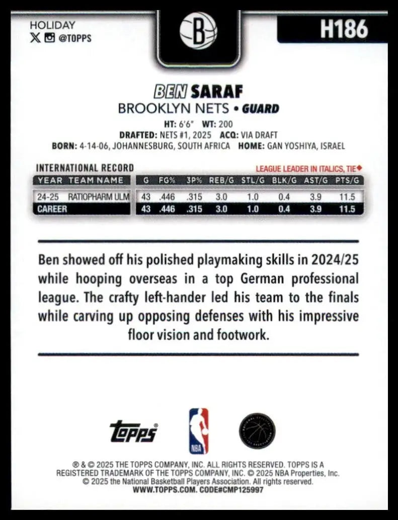 2025-26 Topps Holiday Ben Saraf Rookie #H186 Brooklyn Nets Basketball Card NBA - Basketball Card Single
