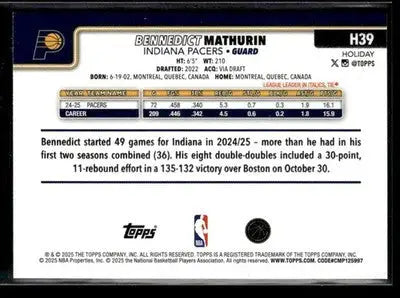 2025-26 Topps Holiday Bennedict Mathurin #H39 Indiana Pacers - Basketball Card Single