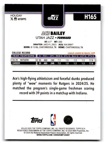 2025-26 Topps Holiday Blue Metallic Glitter Holiday #H165 Ace Bailey NM ID:80873 - Hockey Card Single