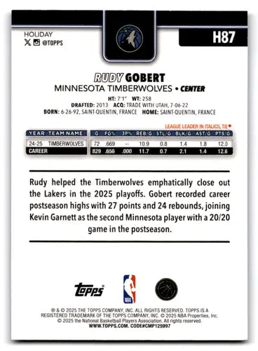 2025-26 Topps Holiday Blue Metallic Glitter Holiday #H87 Rudy Gobert NM ID:80872 - Basketball Card Single