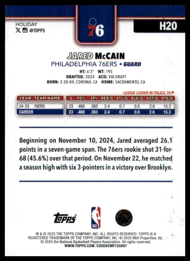 2025-26 Topps Holiday Blue Metallic Jared McCain #H20 Philadelphia 76ers Card - Basketball Card Single