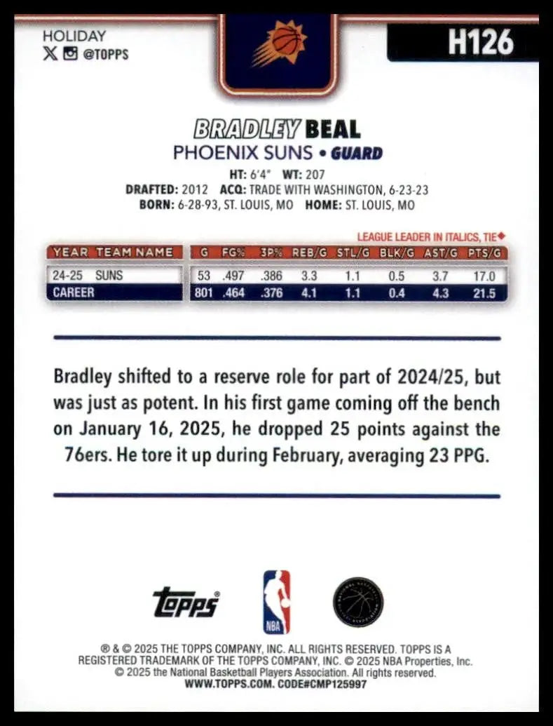 2025-26 Topps Holiday Bradley Beal #H126 Phoenix Suns Basketball Card NBA Sports - Basketball Card Single