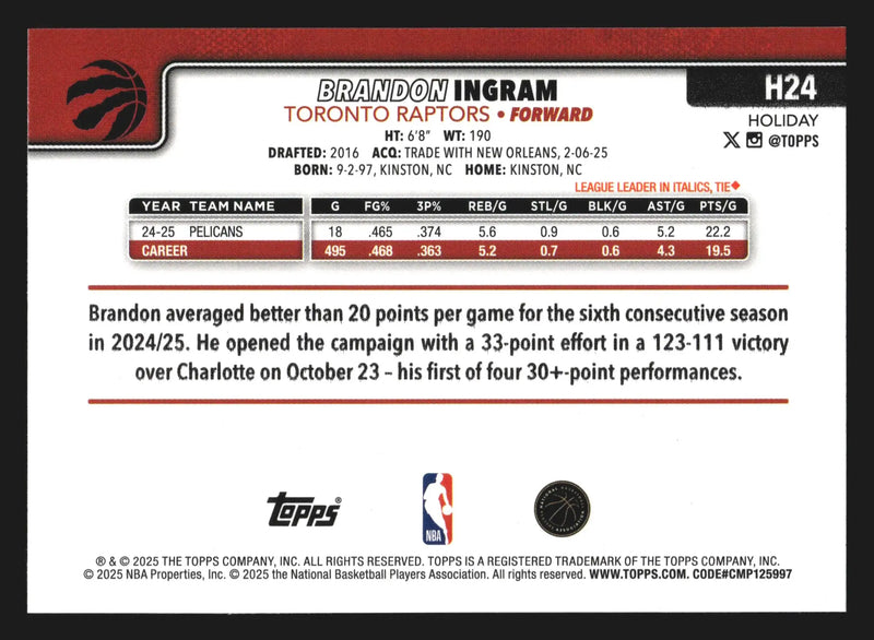 2025-26 Topps Holiday Brandon Ingram #H24 Toronto Raptors