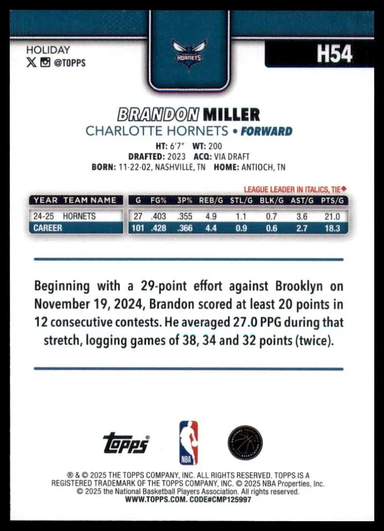 2025-26 Topps Holiday Brandon Miller #H54 Charlotte Hornets Basketball Card NBA - Basketball Card Single