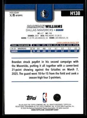 2025-26 Topps Holiday Brandon Williams #H138 Dallas Mavericks - Basketball Card Single