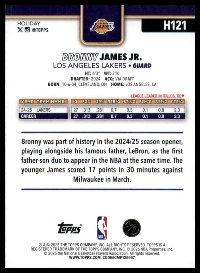 2025-26 Topps Holiday Bronny James Jr #H121 Los Angeles Lakers Basketball Card - Basketball Card Single