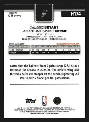 2025-26 Topps Holiday Carter Bryant #H174 San Antonio Spurs RC - Basketball Card Single