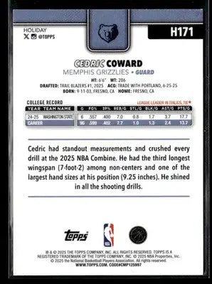 2025-26 Topps Holiday Cedric Coward #H171 Base RC Memphis Grizzlies - Basketball Card Single