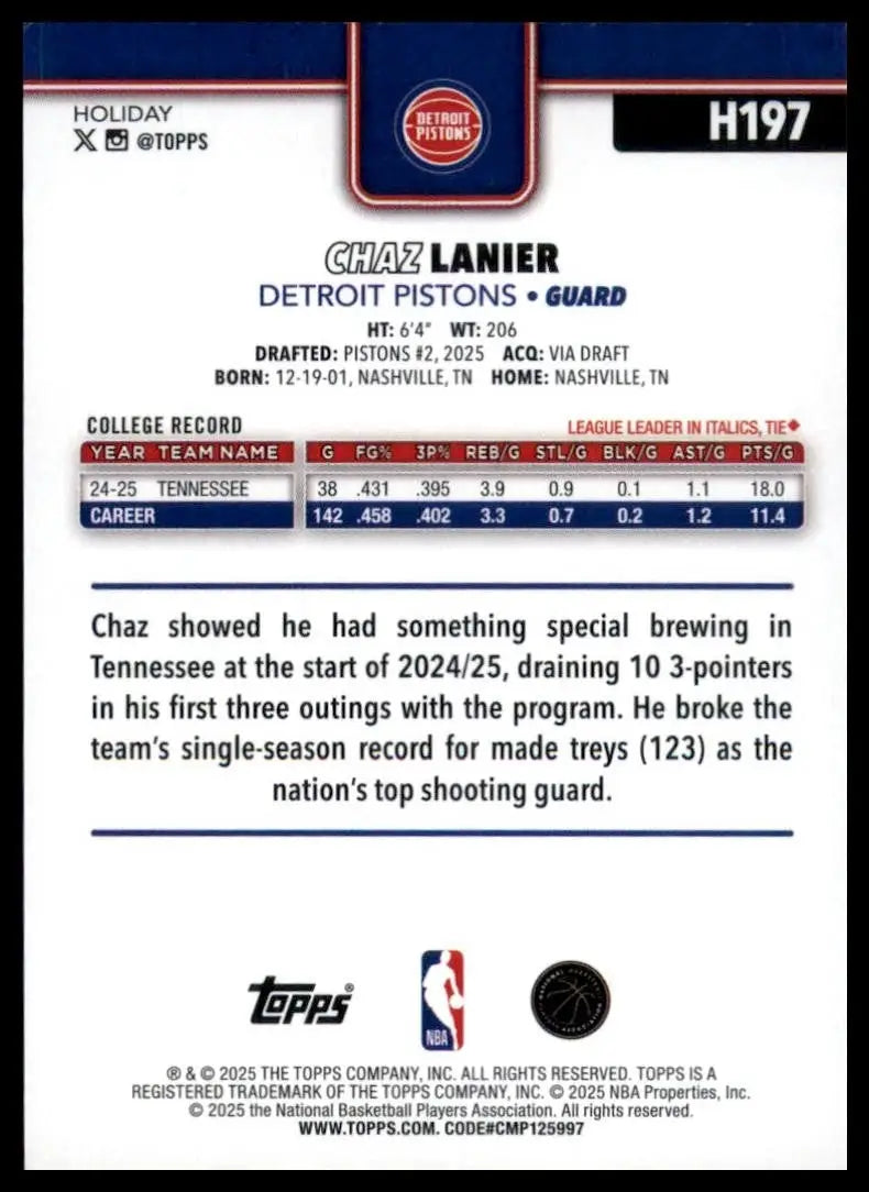 2025-26 Topps Holiday Chaz Lanier Rookie #H197 Detroit Pistons Basketball Card - Basketball Card Single