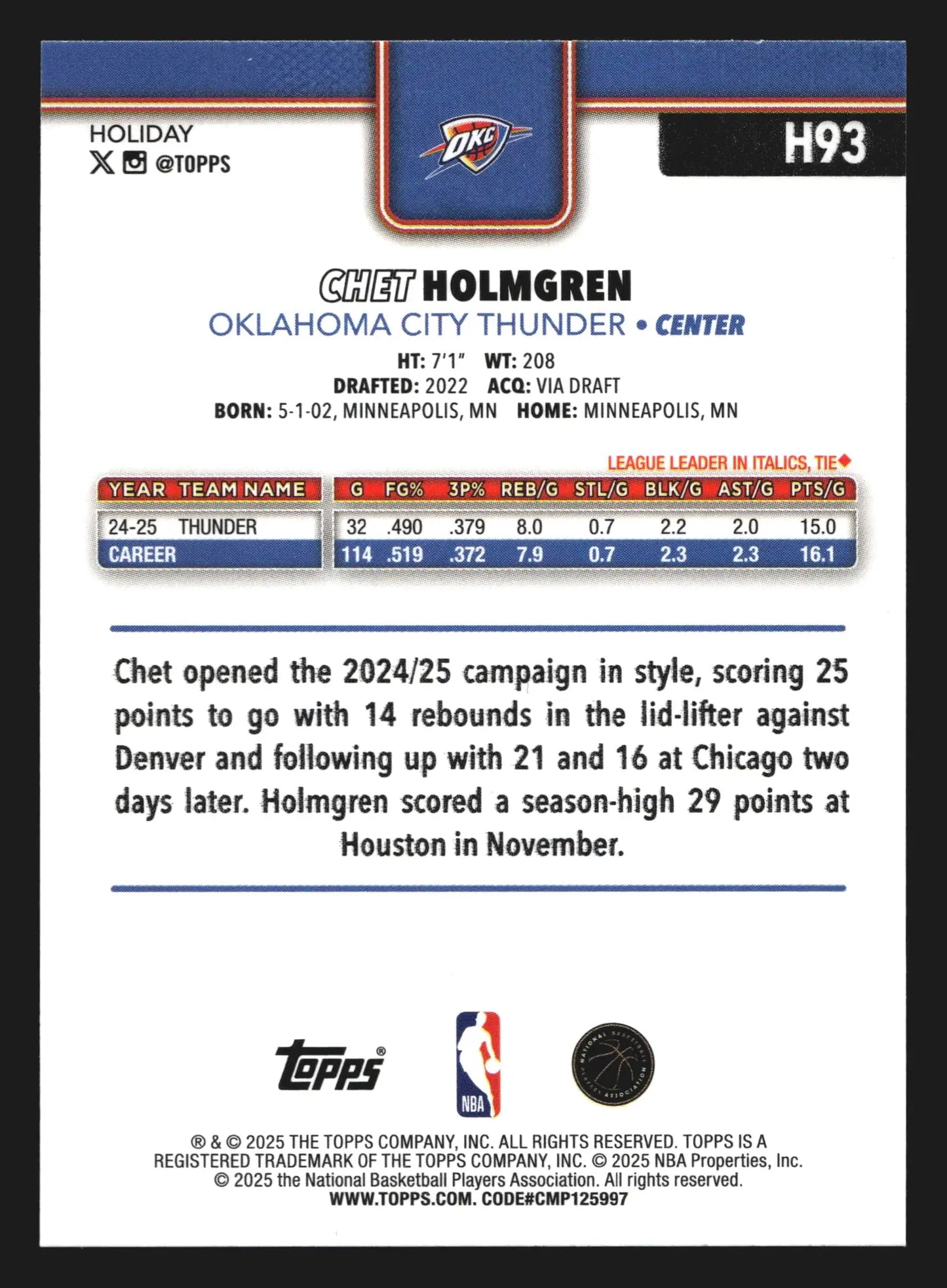 2025-26 Topps Holiday Chet Holmgren #H93 Thunder - Basketball Card Single