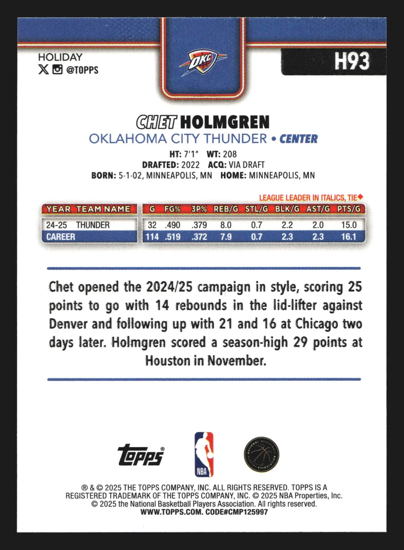 2025-26 Topps Holiday Chet Holmgren #H93 Thunder - Basketball Card Single