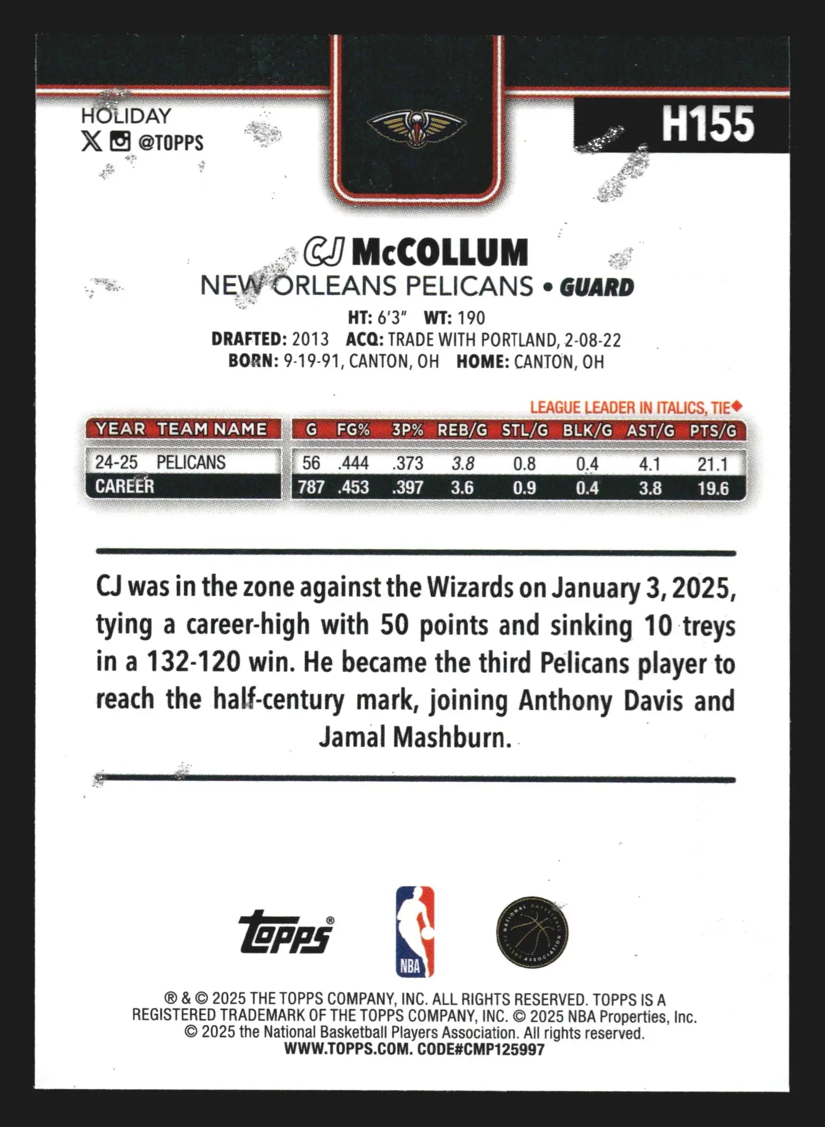 2025-26 Topps Holiday CJ McCollum #H155 Holiday Glitter New Orleans Pelicans