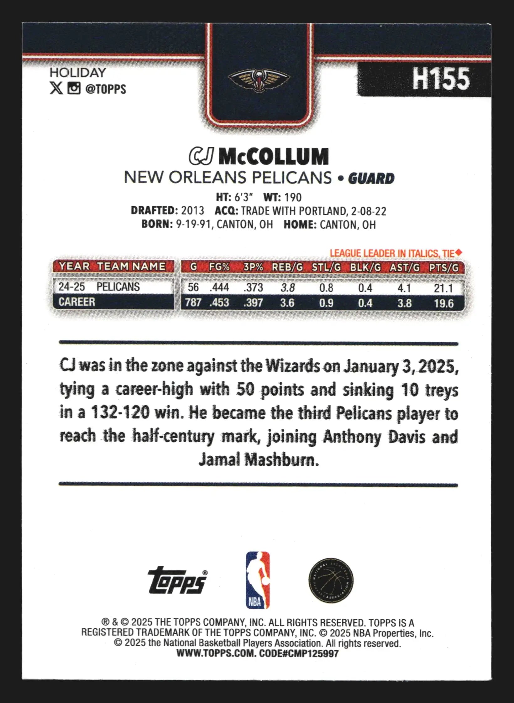 2025-26 Topps Holiday CJ McCollum #H155 New Orleans Pelicans