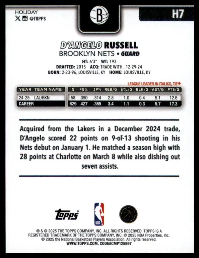 2025-26 Topps Holiday DAngelo Russell #H7 Brooklyn Nets Basketball Card NBA - Basketball Card Single